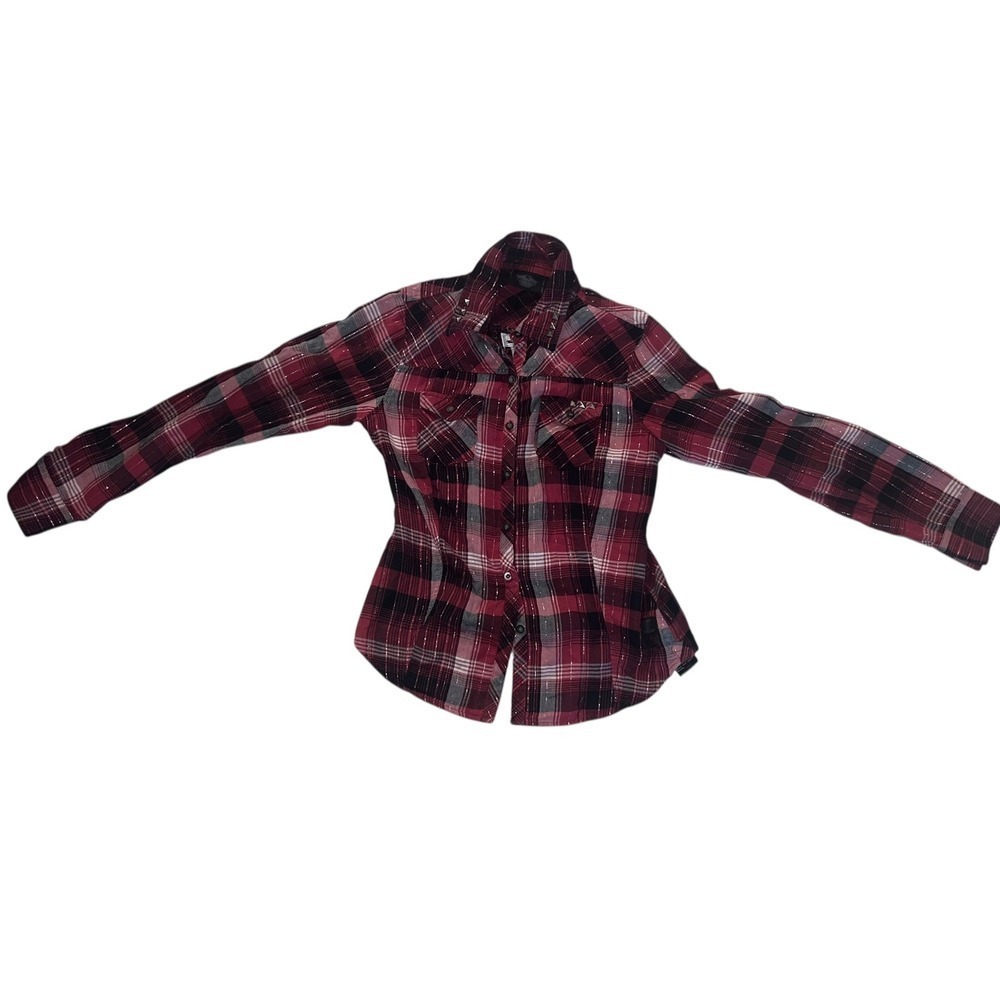 Harley-Davidson Red Black Plaid silver lines metal studs  Sz s biker preppy